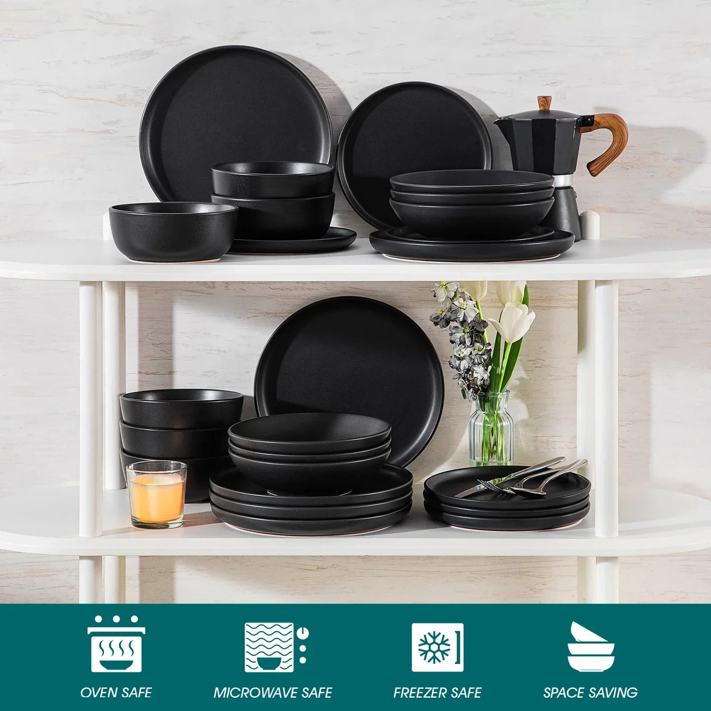 24pcs Black Reactive Glaze Stoneware Set Oven Safe Dinnerware Set