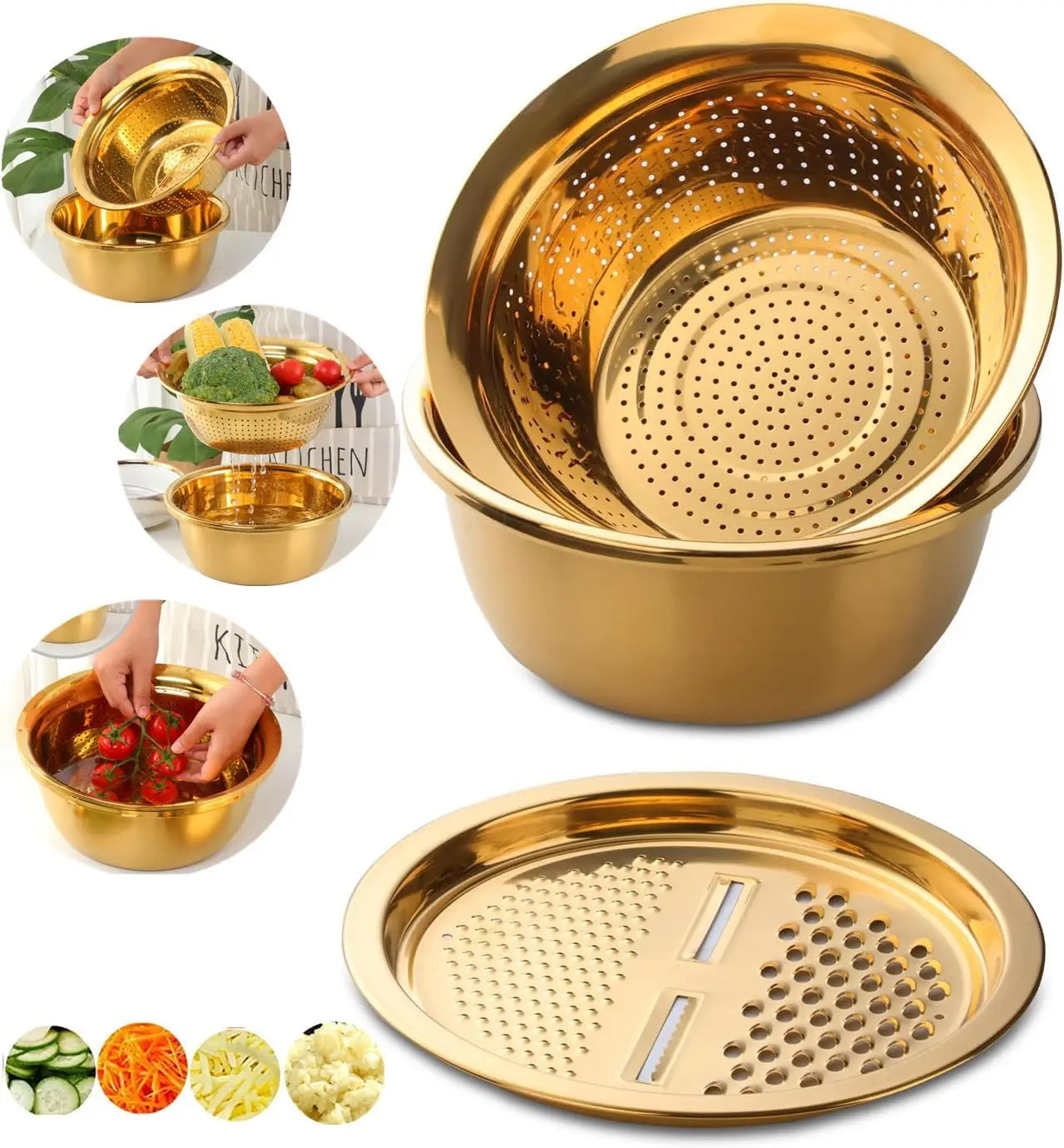 3pcs Stainless Steel Round Colander Vegetable Slicer Grater Strainer