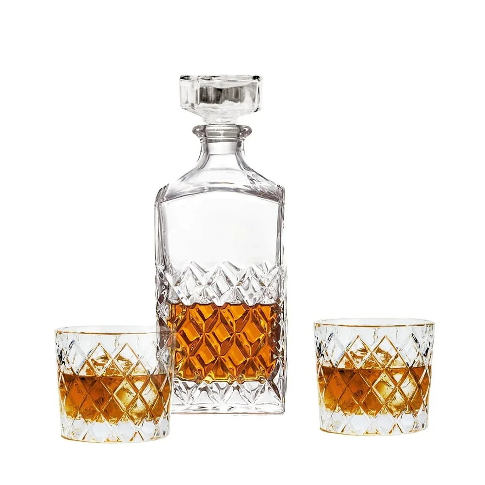 Diamond Cut Clear Glass Decanter and DOF Set Durable Dishwasher Safe
