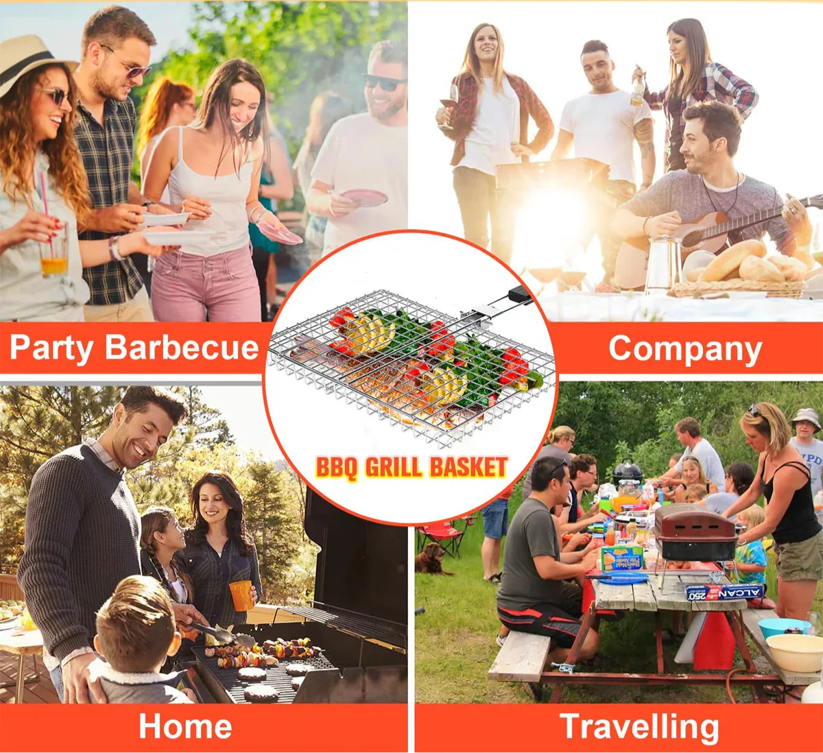 Folding Grill Basket with Wooden Handle Outdoor Camping BBQ Rack