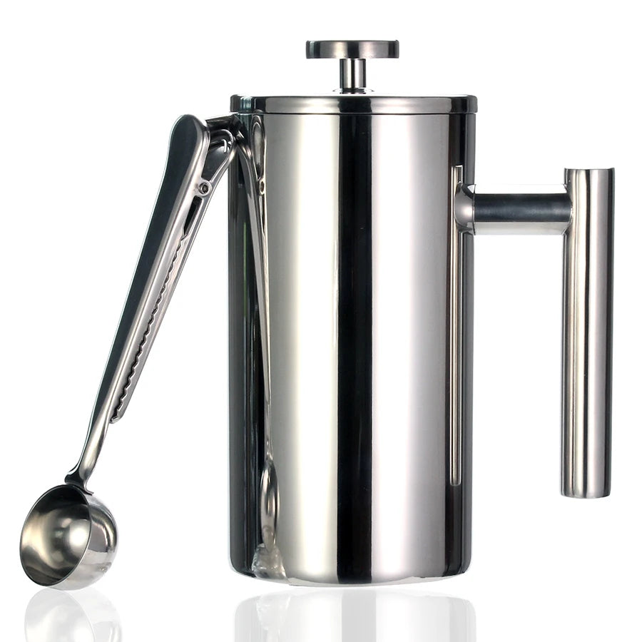 French Press Coffee Maker Double Wall Stainless Steel with Clip/Spoon