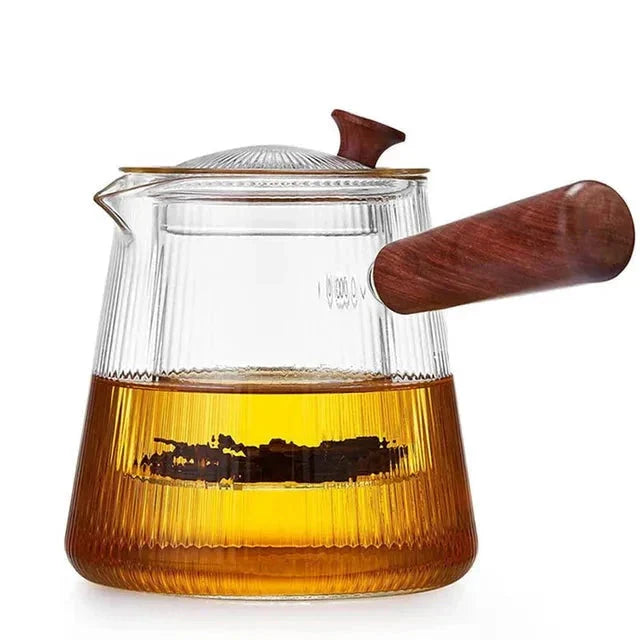 Glass Teapot with Removable Clear Infuser Sandal Wood Handle Glass Kettle