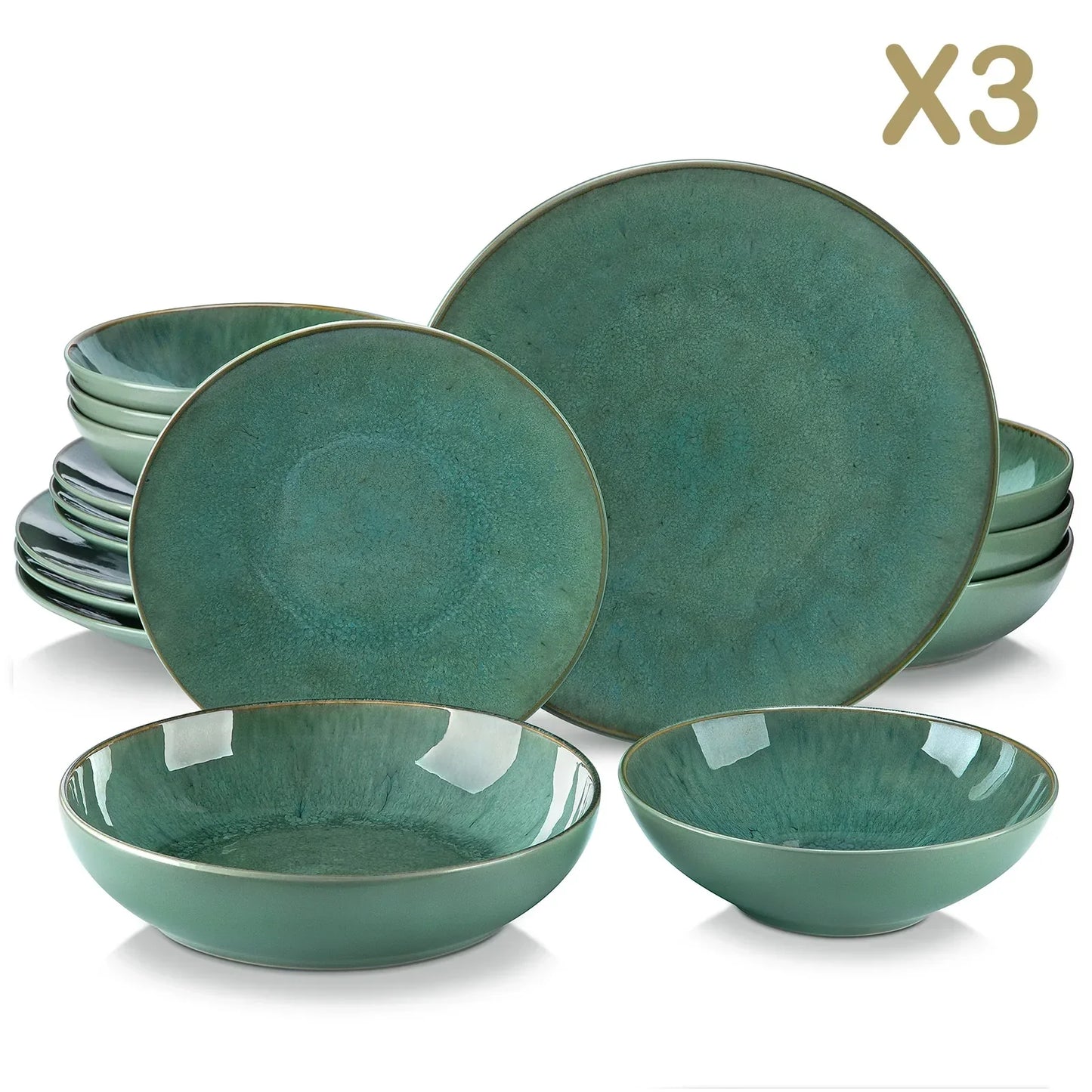 Green Embossed Stoneware Tableware Set Dinnerware for 4/8/12 People