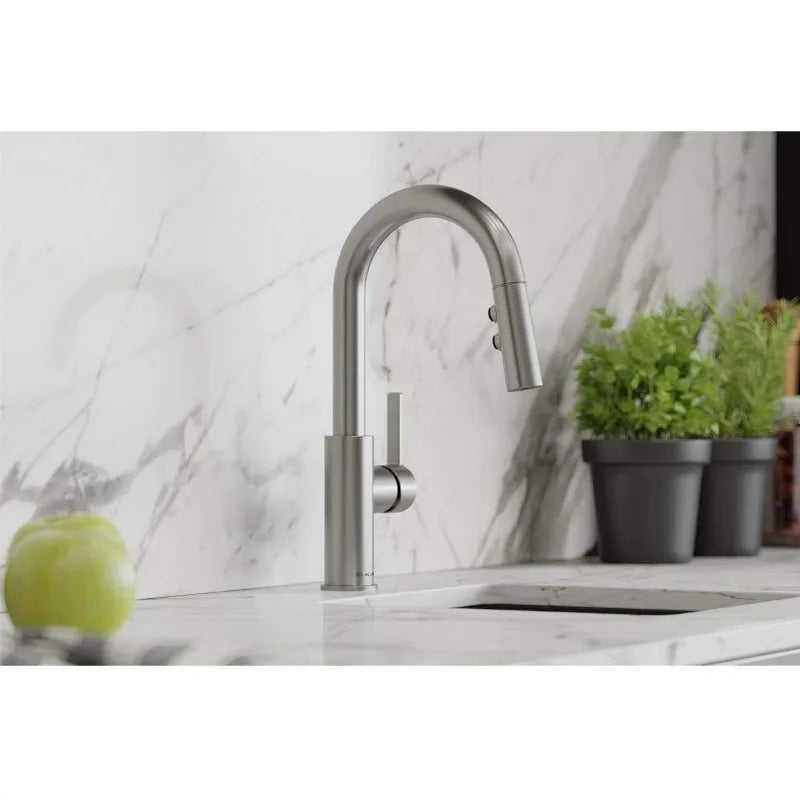 Lustrous Steel Single Hole Bar Faucet with Pull-down Spray and Handle