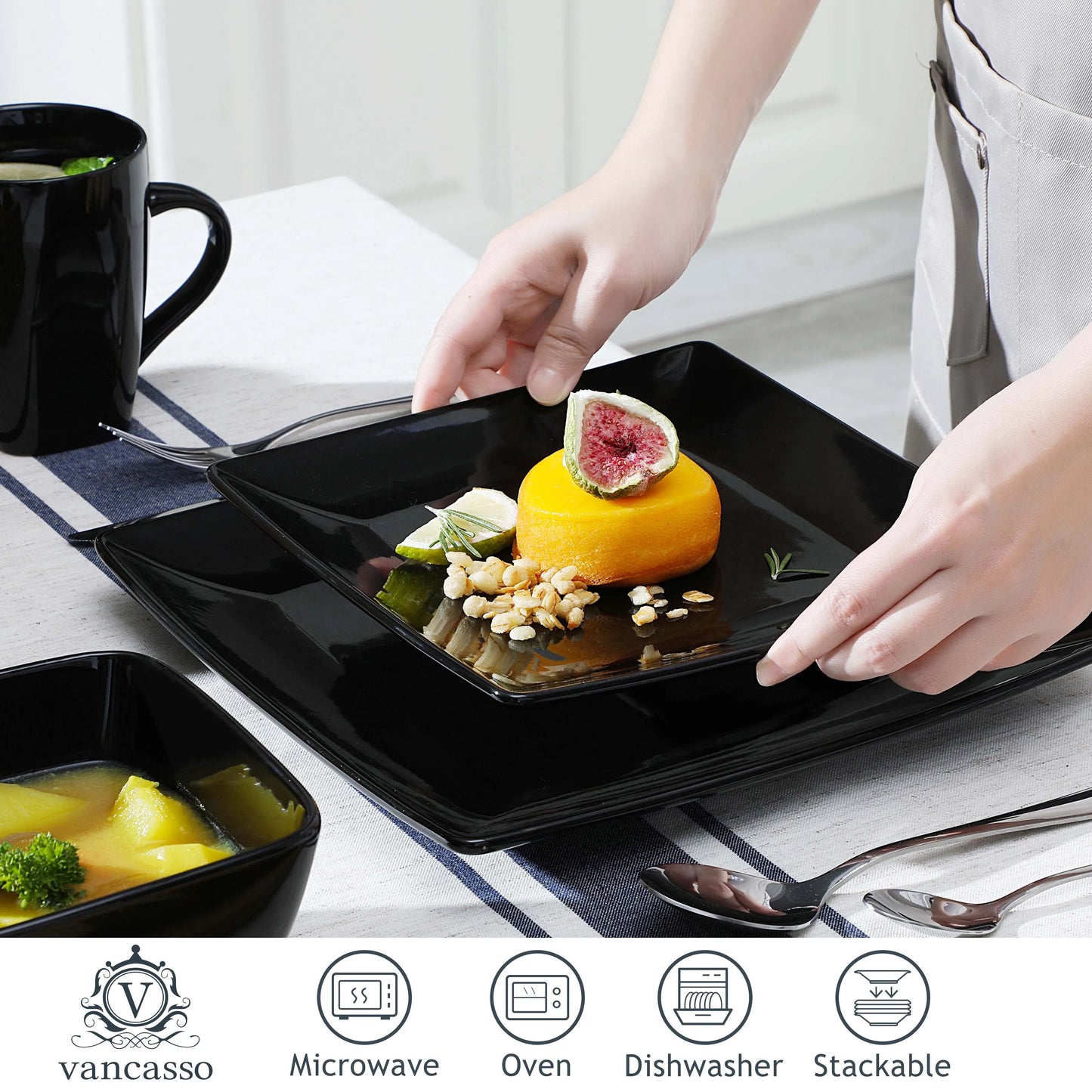 16/32/48pcs Solid Color Black Ceramic Porcelain Square Dinnerware Set