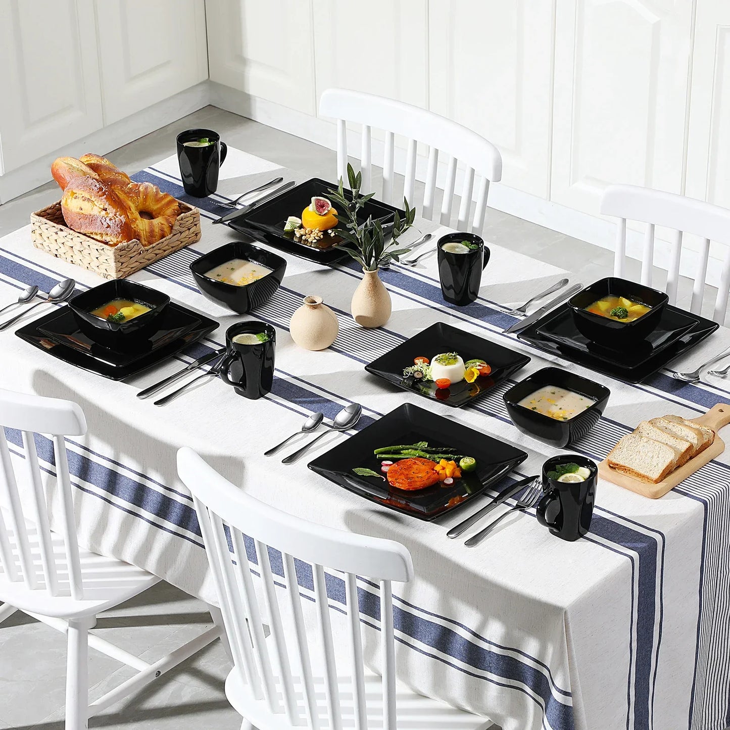 16/32/48pcs Solid Color Black Ceramic Porcelain Square Dinnerware Set