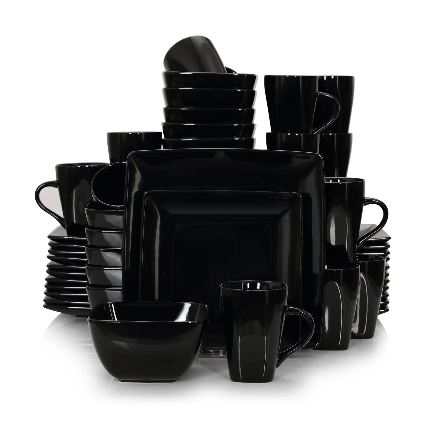 16/32/48pcs Solid Color Black Ceramic Porcelain Square Dinnerware Set