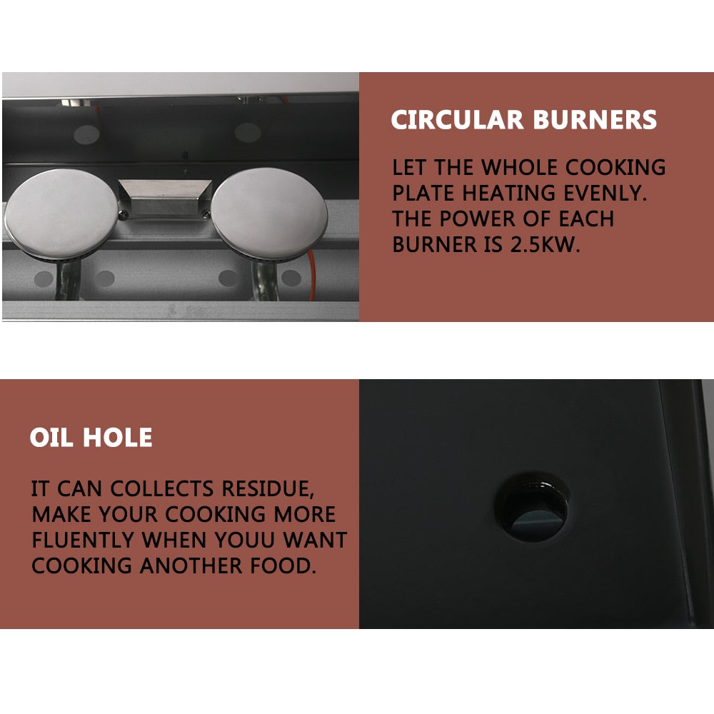 2 Burners Grill LPG BBQ Griddle for Commercial Non-stick Iron Plate