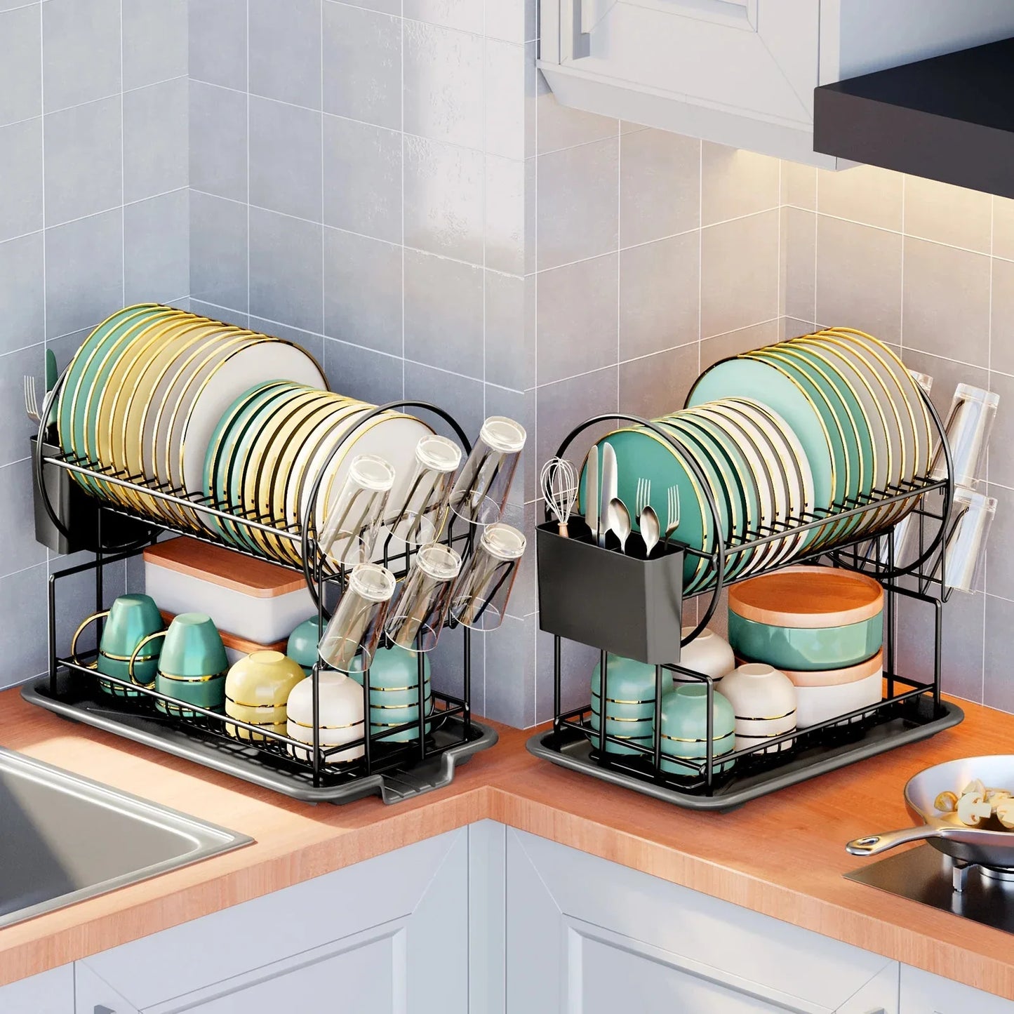 2 Tier Dish Drying Rack Drain Board Set Tableware Drainer Kitchen Rack