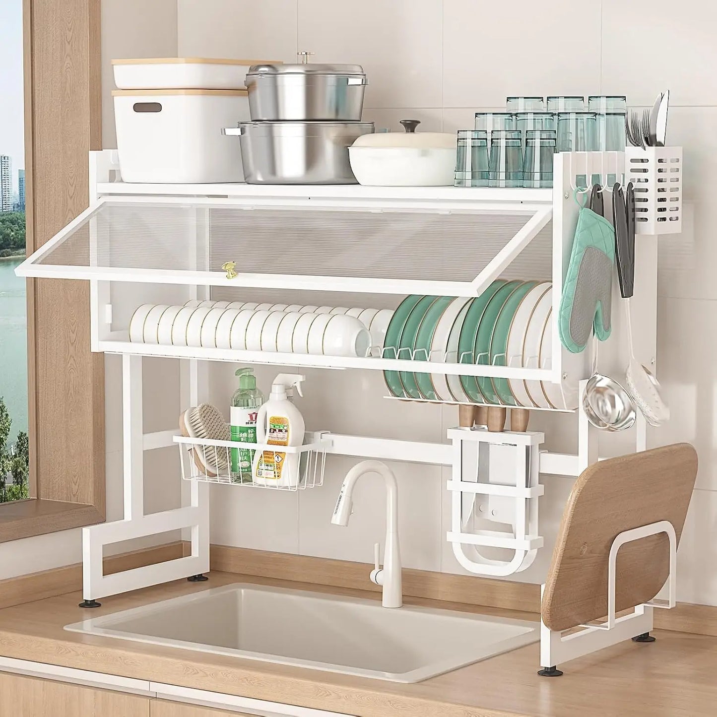 33" Length 2 Tier White Dish Drainer Drying Rack Kitchen Organizer