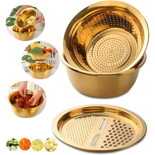 3pcs Stainless Steel Round Colander Vegetable Slicer Grater Strainer