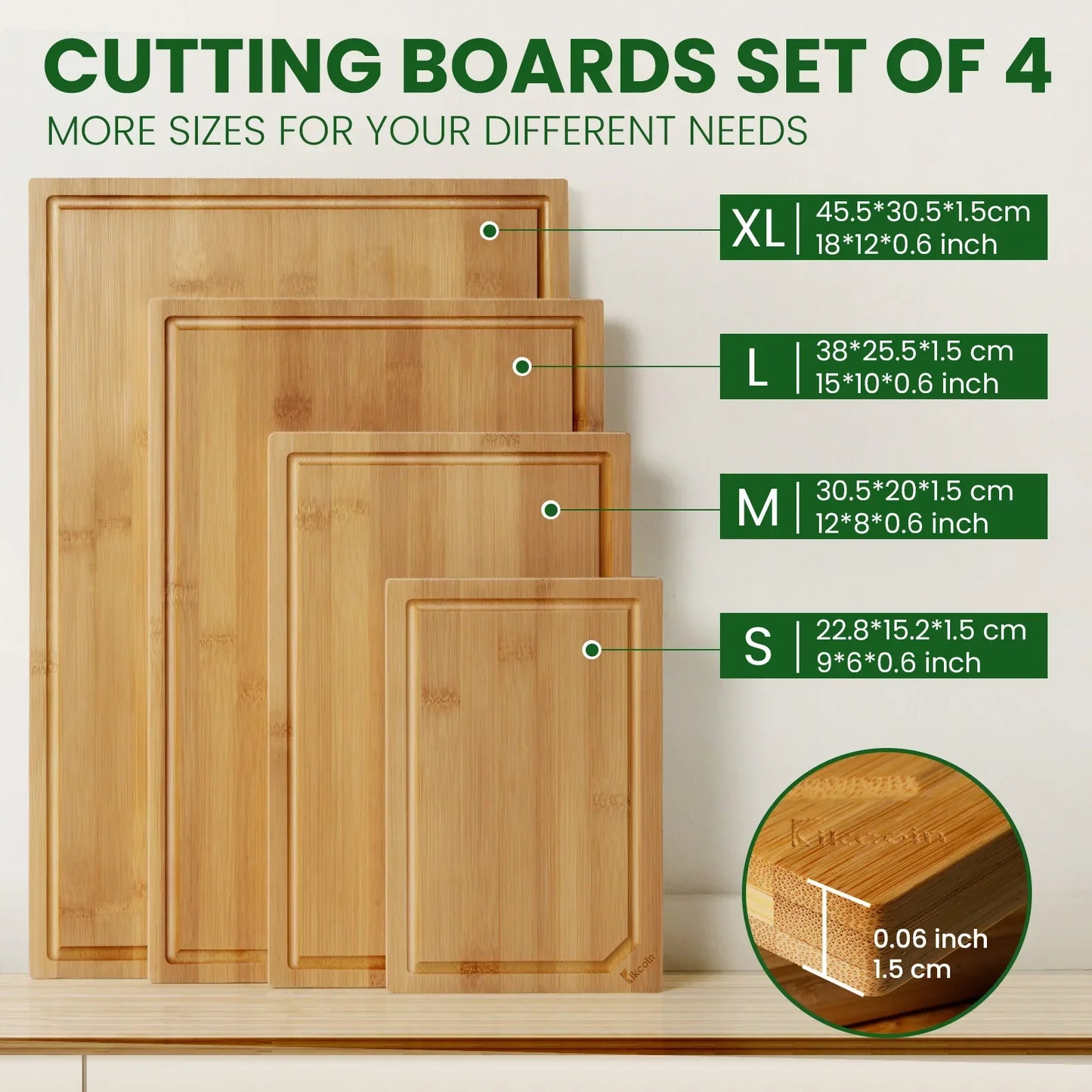 4pcs Kitchen Bamboo Cutting Board Set with Inner Handle Design