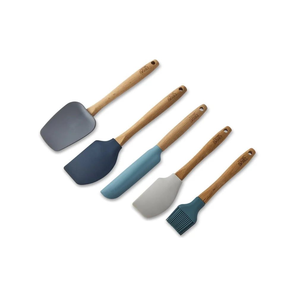 5pcs Heat Resistant Silicone Utensil Set with Beechwood Handle