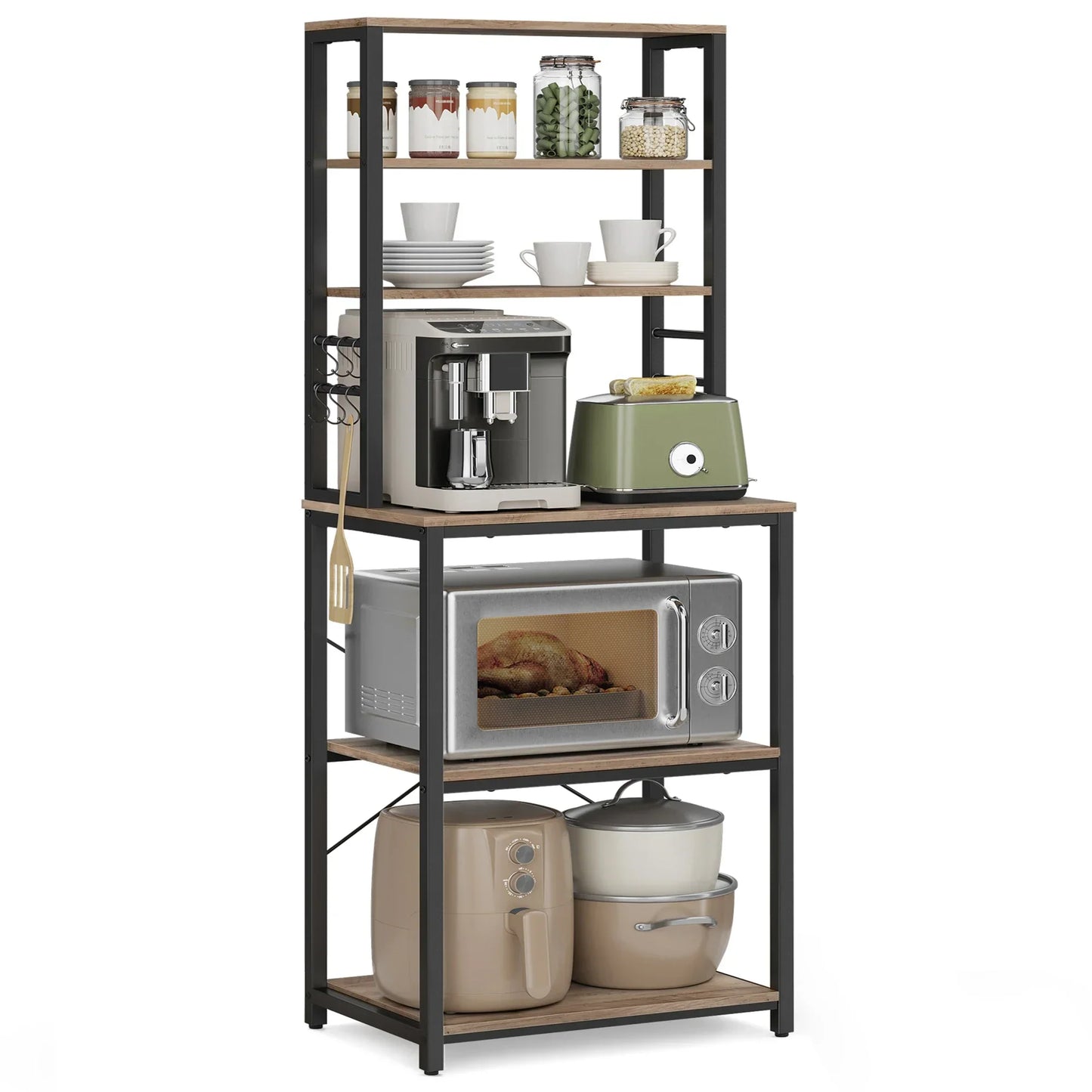 6-Tier Industrial Kitchen Baker’s Rack with 6 Hooks Microwave Stand