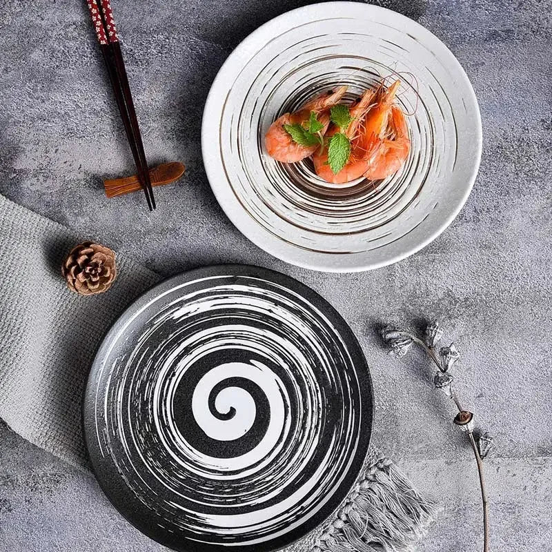 6/8/10" Ceramic Flat Dish Retro Japanese Style Steak Plate Pasta Tray