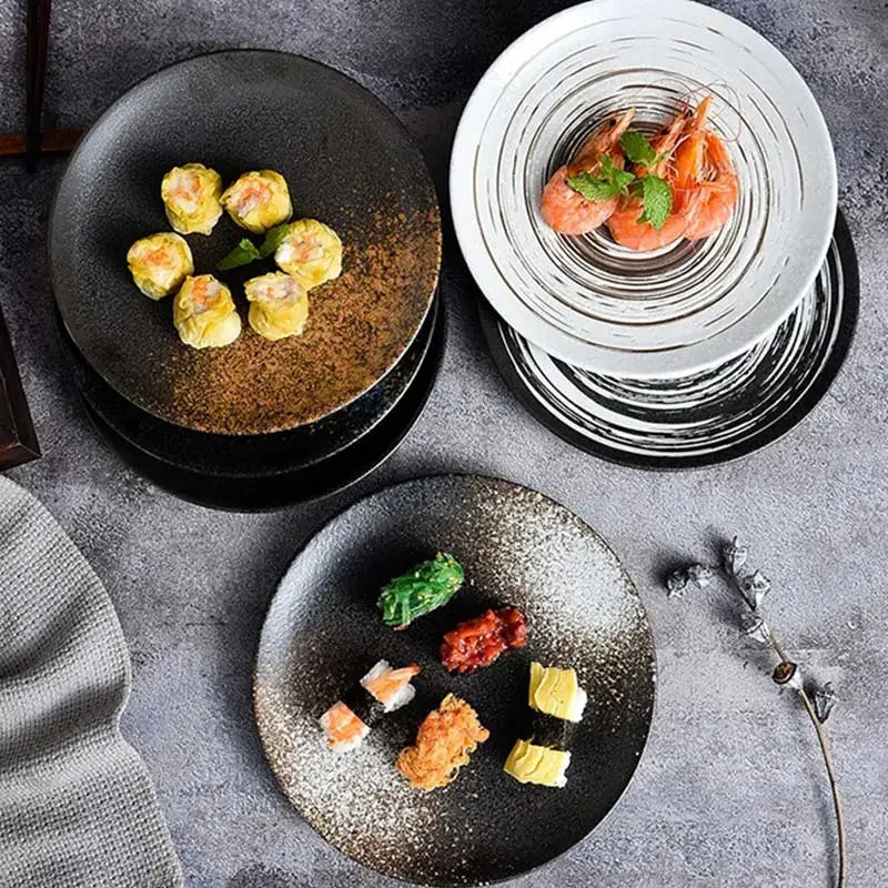 6/8/10" Ceramic Flat Dish Retro Japanese Style Steak Plate Pasta Tray