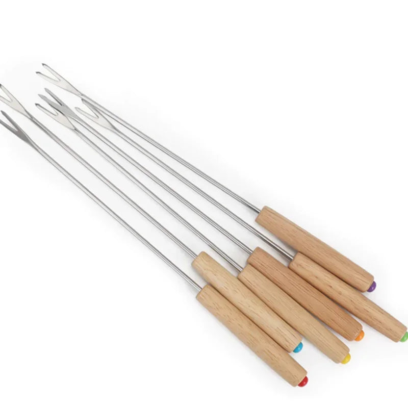 6Pcs Stainless Steel Forks with Wooden Handle for BBQ Campfire Grill