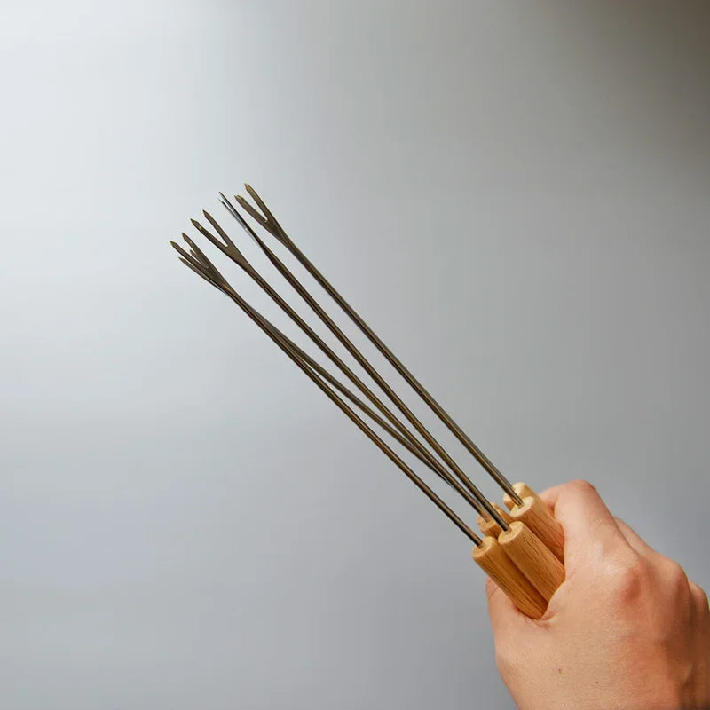 6Pcs Stainless Steel Forks with Wooden Handle for BBQ Campfire Grill