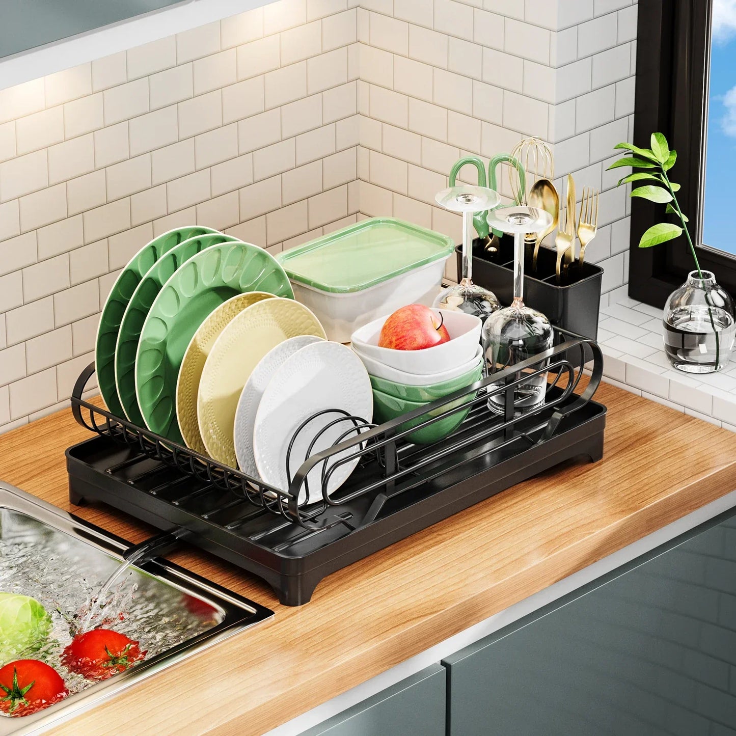 Adjustable Dish Rack With Drainboard for Kitchen Counter Sink Drainer