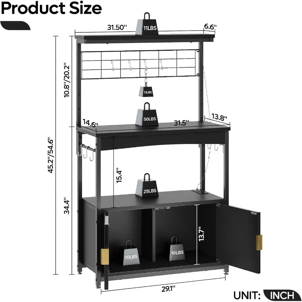 Adjustable Height Bakers Rack with Power Outlet and Storage Cabinet