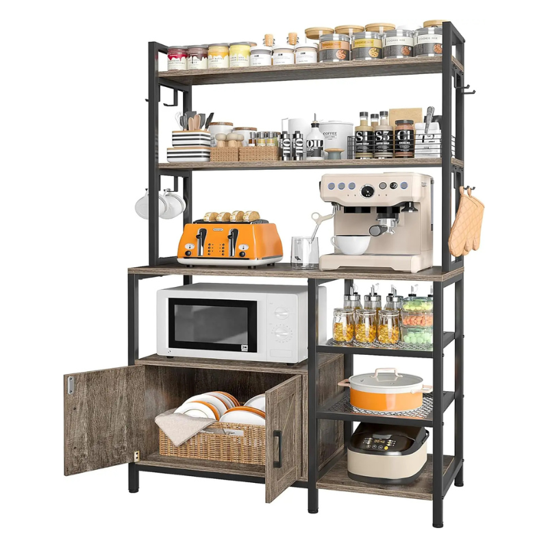 Bakers Rack For Kitchen With Storage Shelves Power Outlet and Cabinet