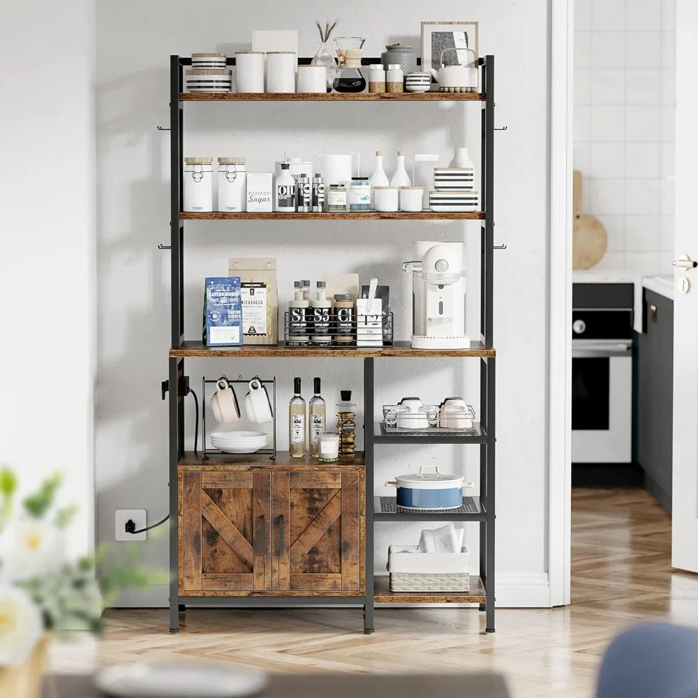 Bakers Rack For Kitchen With Storage Shelves Power Outlet and Cabinet
