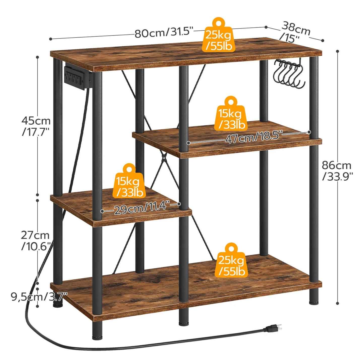 Bakers Rack with Power Outlet Microwave Stand with 5 S-Shaped Hooks
