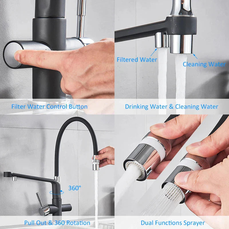 Black White Filtered Kitchen Faucets Pull Out 360 Rotation Mixer Tap