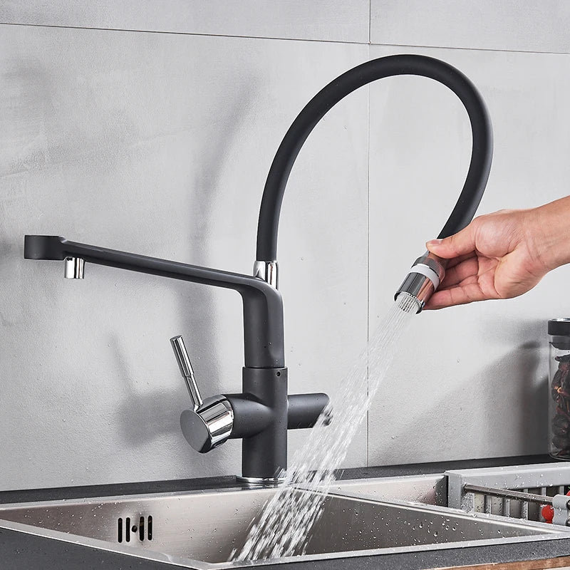 Black White Filtered Kitchen Faucets Pull Out 360 Rotation Mixer Tap