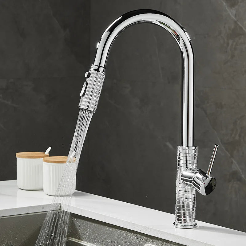 Carved Brass Kitchen Faucet Pull-Out Rotating Single Lever Mixer Tap
