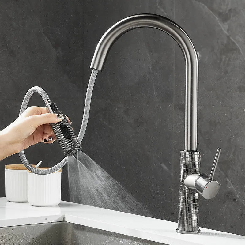 Carved Brass Kitchen Faucet Pull-Out Rotating Single Lever Mixer Tap