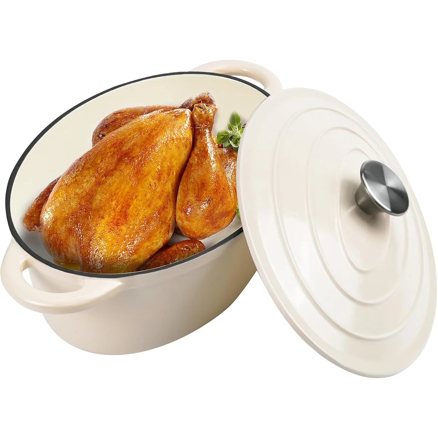 Cast Iron Enameled Oval Dutch Oven Pot with Lid and Dual Handles