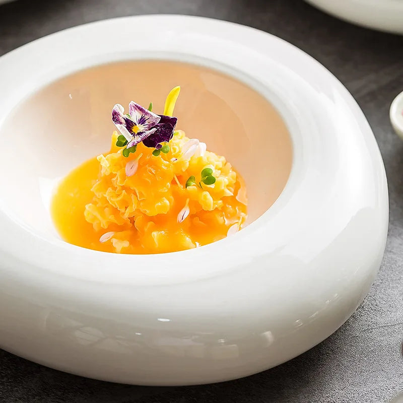 Ceramic Insulation Plate White Irregular Cold Dish Plate for Cuisine