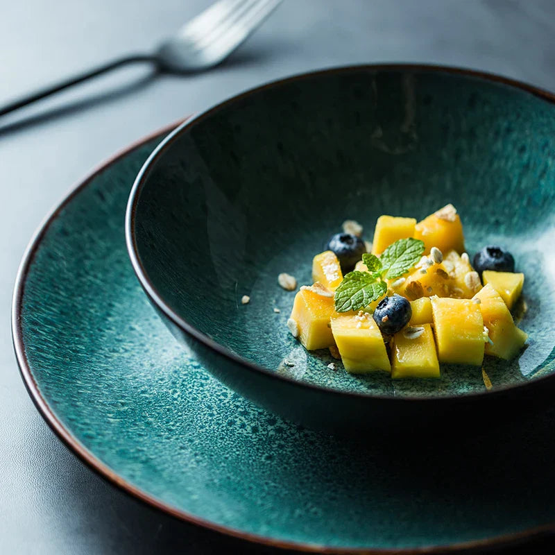 Ceramic Steak Plate Pasta Dish Bowl Cup Kitchen Dinnerware in Green