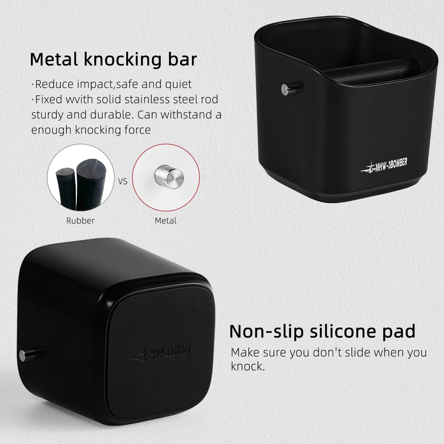 Coffee Grounds Knock Box Square Removable Knock Bar and Non-Slip Base