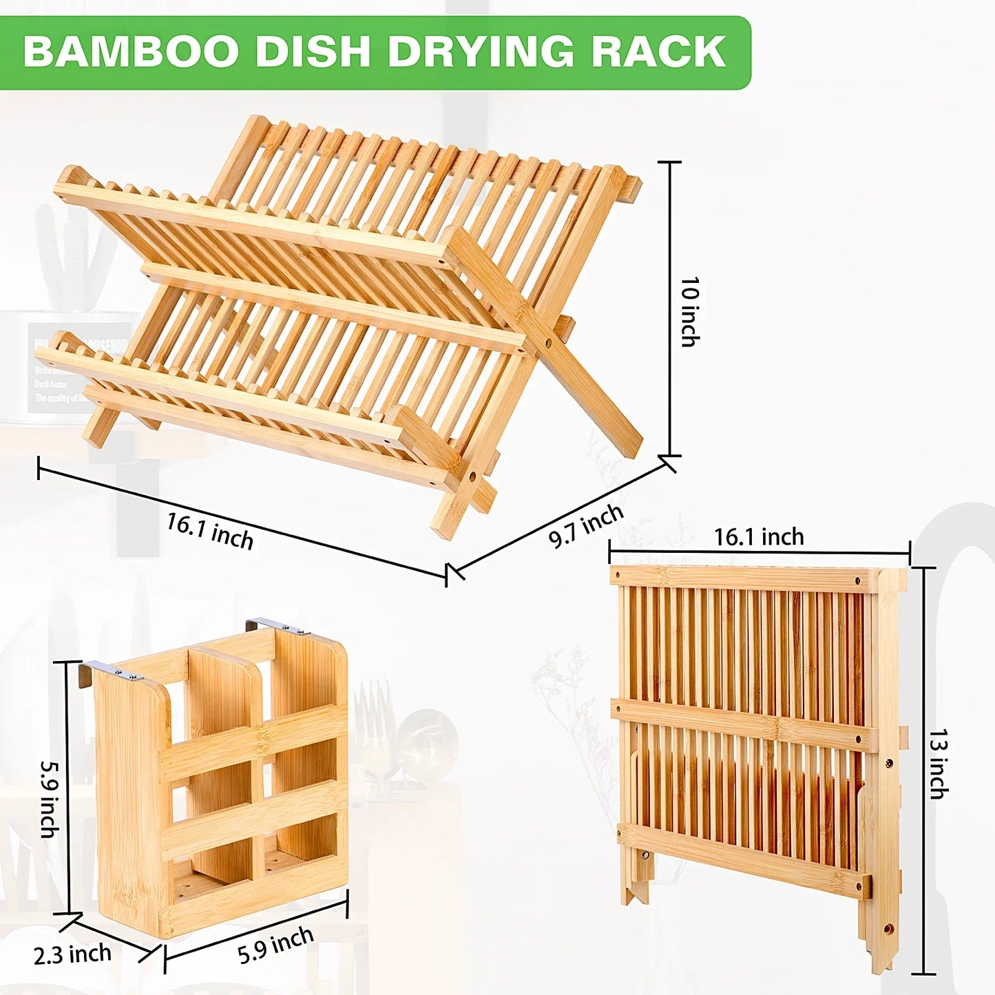 Collapsible 2Tier Bamboo Dish Drying Rack Foldable Wood Dish Drainer
