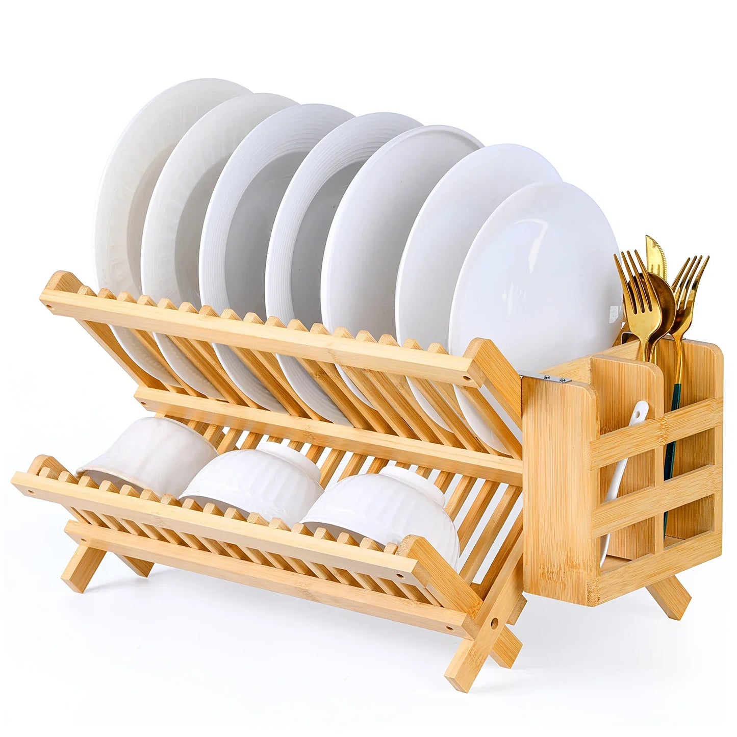 Collapsible 2Tier Bamboo Dish Drying Rack Foldable Wood Dish Drainer