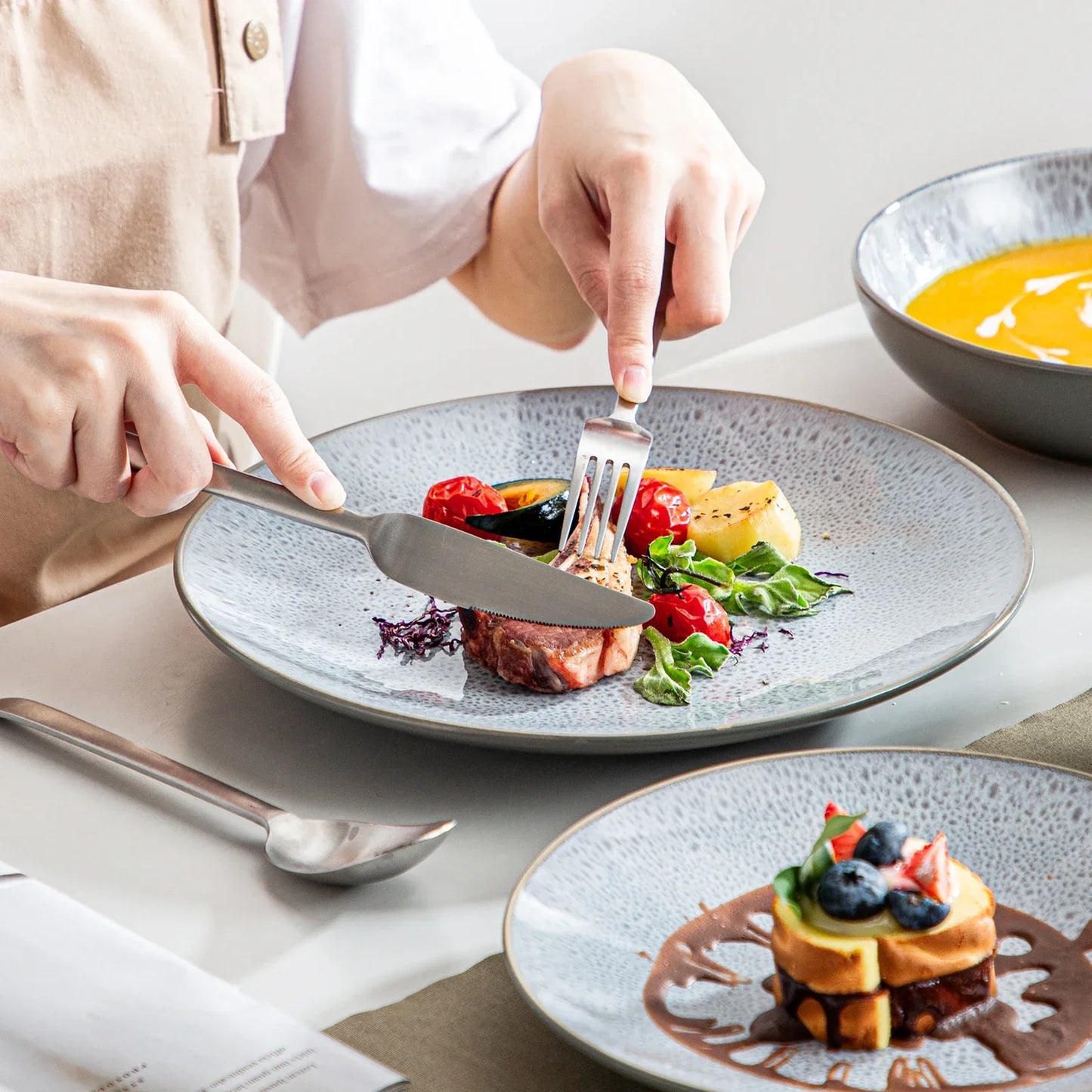 Embossed Pattern Stoneware Tableware Set Service for 4/8/12 Person