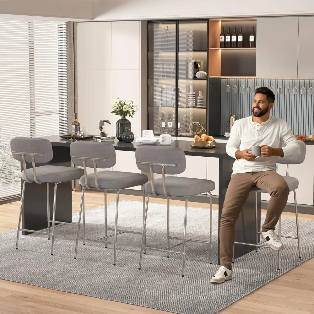 Fabric Counter Bar Stools with Back and Metal Legs Footrest Set of 4