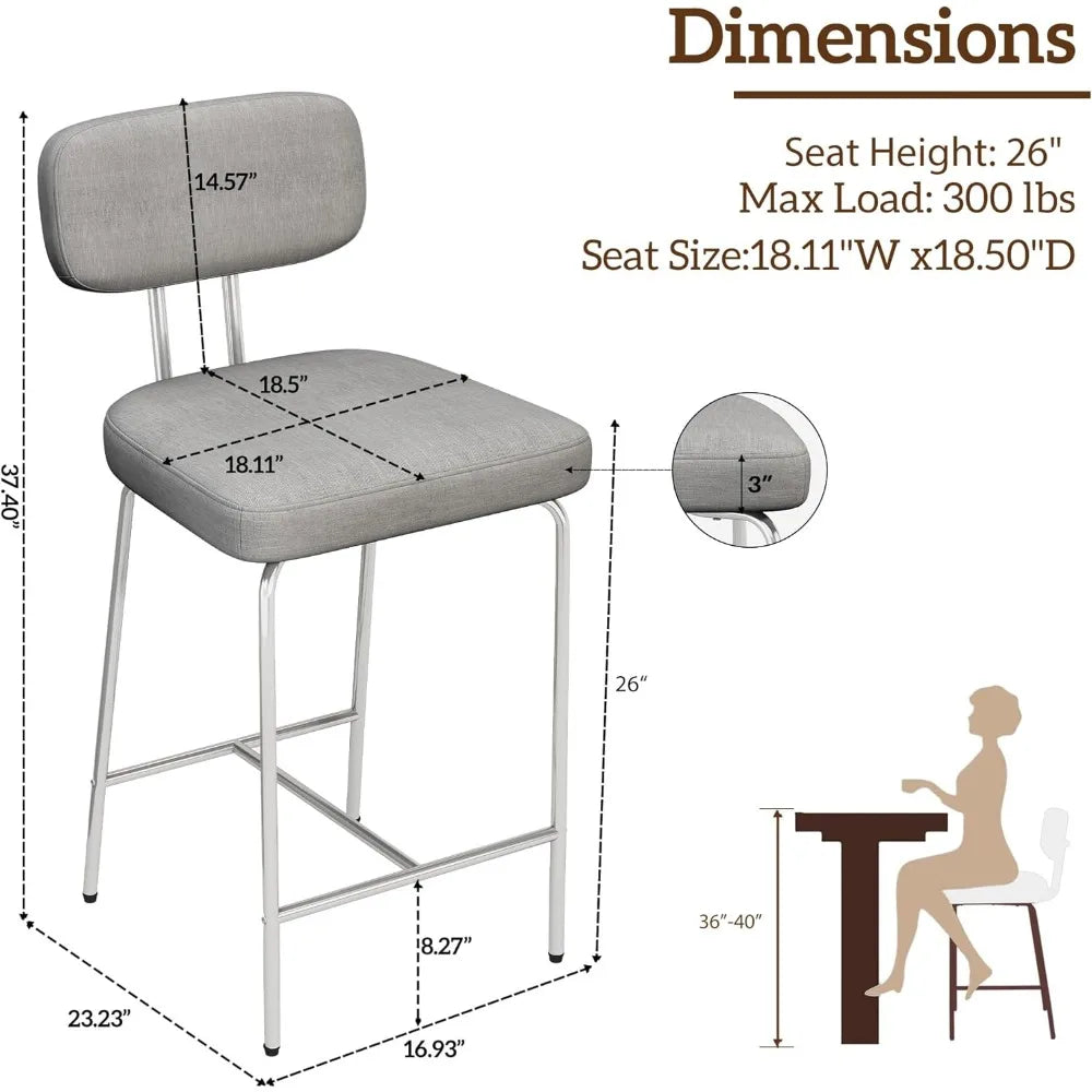 Fabric Counter Bar Stools with Back and Metal Legs Footrest Set of 4