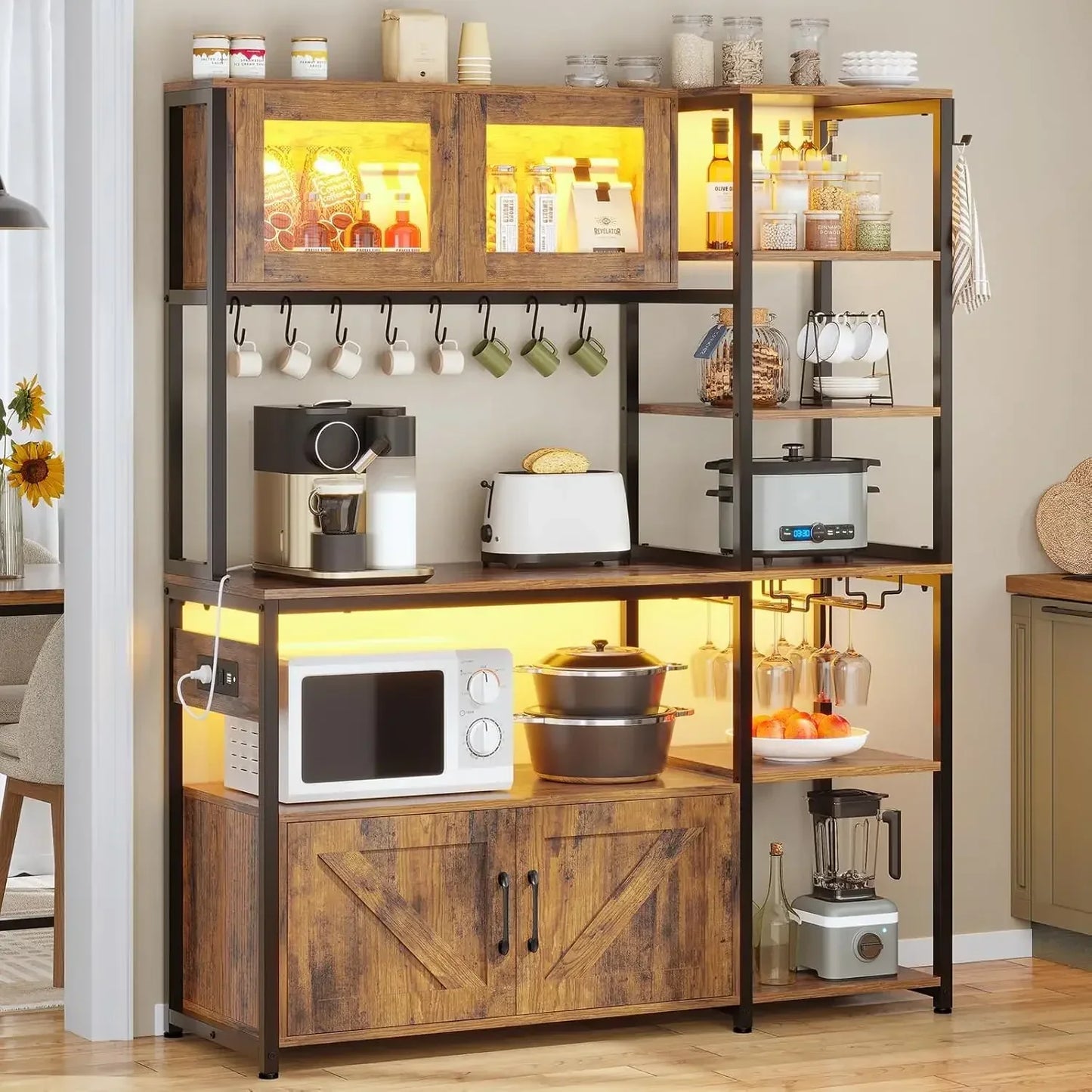 Farmhouse Coffee Bar Cabinet with Glass Door and Wine Rack Bakers Rack