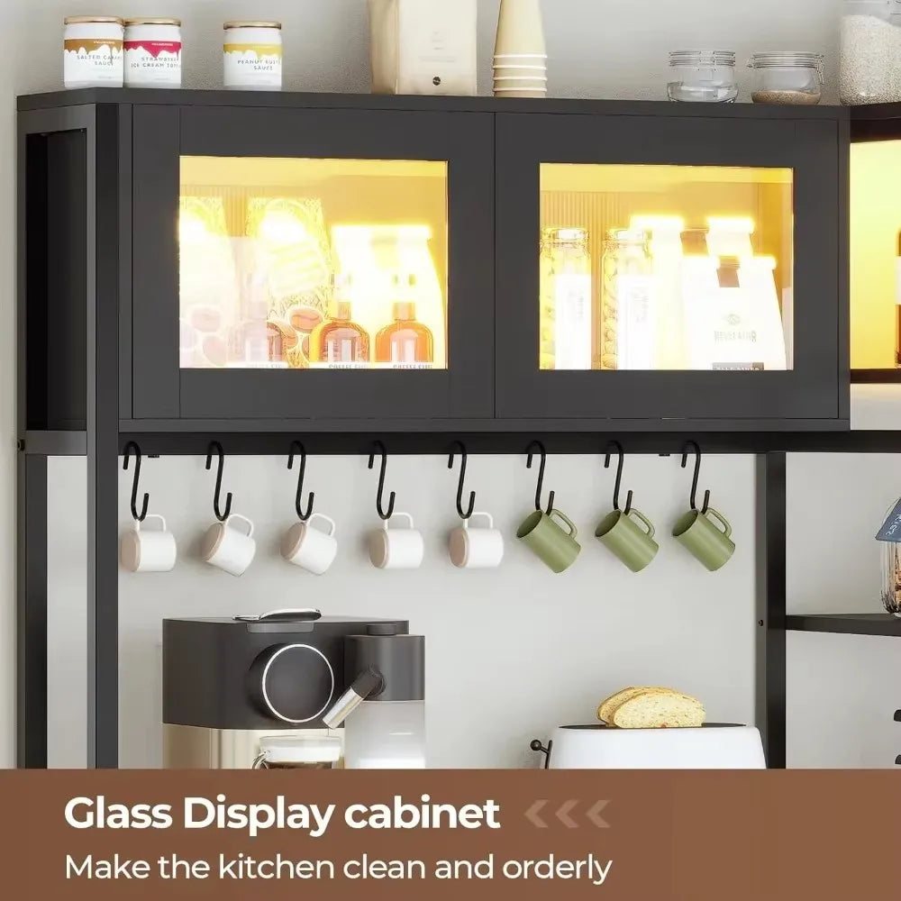 Farmhouse Coffee Bar Cabinet with Glass Door and Wine Rack Bakers Rack