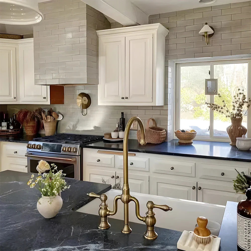 Fashion Kitchen Faucet Antique Dual Handles Brass Water Mixer Faucet