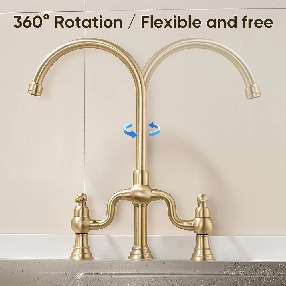 Fashion Kitchen Faucet Antique Dual Handles Brass Water Mixer Faucet