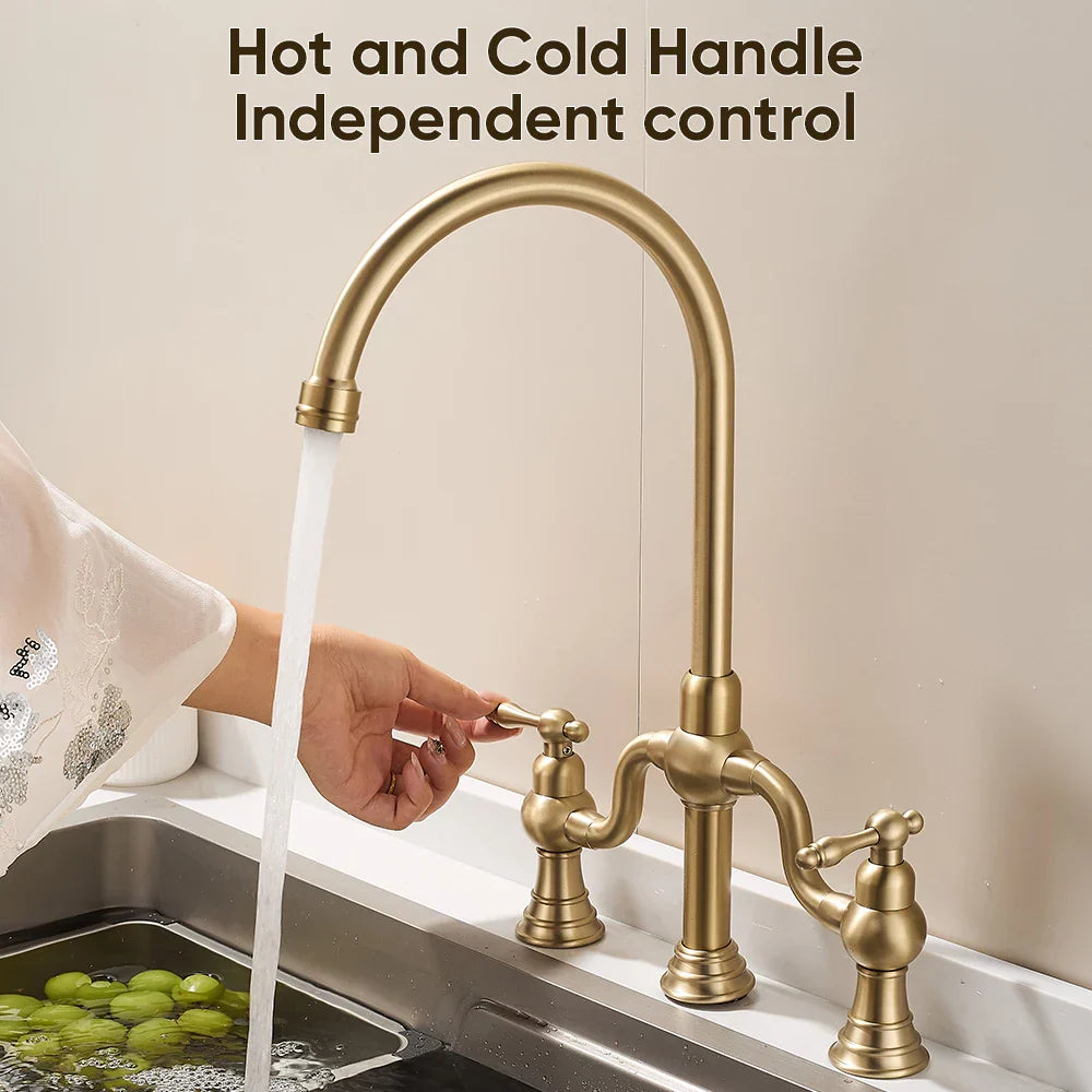 Fashion Kitchen Faucet Antique Dual Handles Brass Water Mixer Faucet