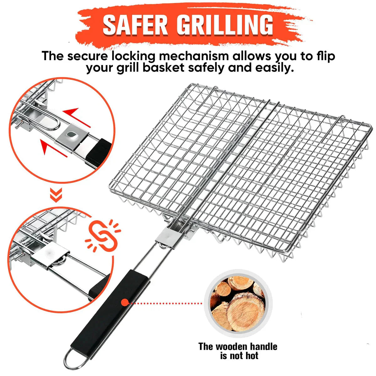 Folding Grill Basket with Wooden Handle Outdoor Camping BBQ Rack