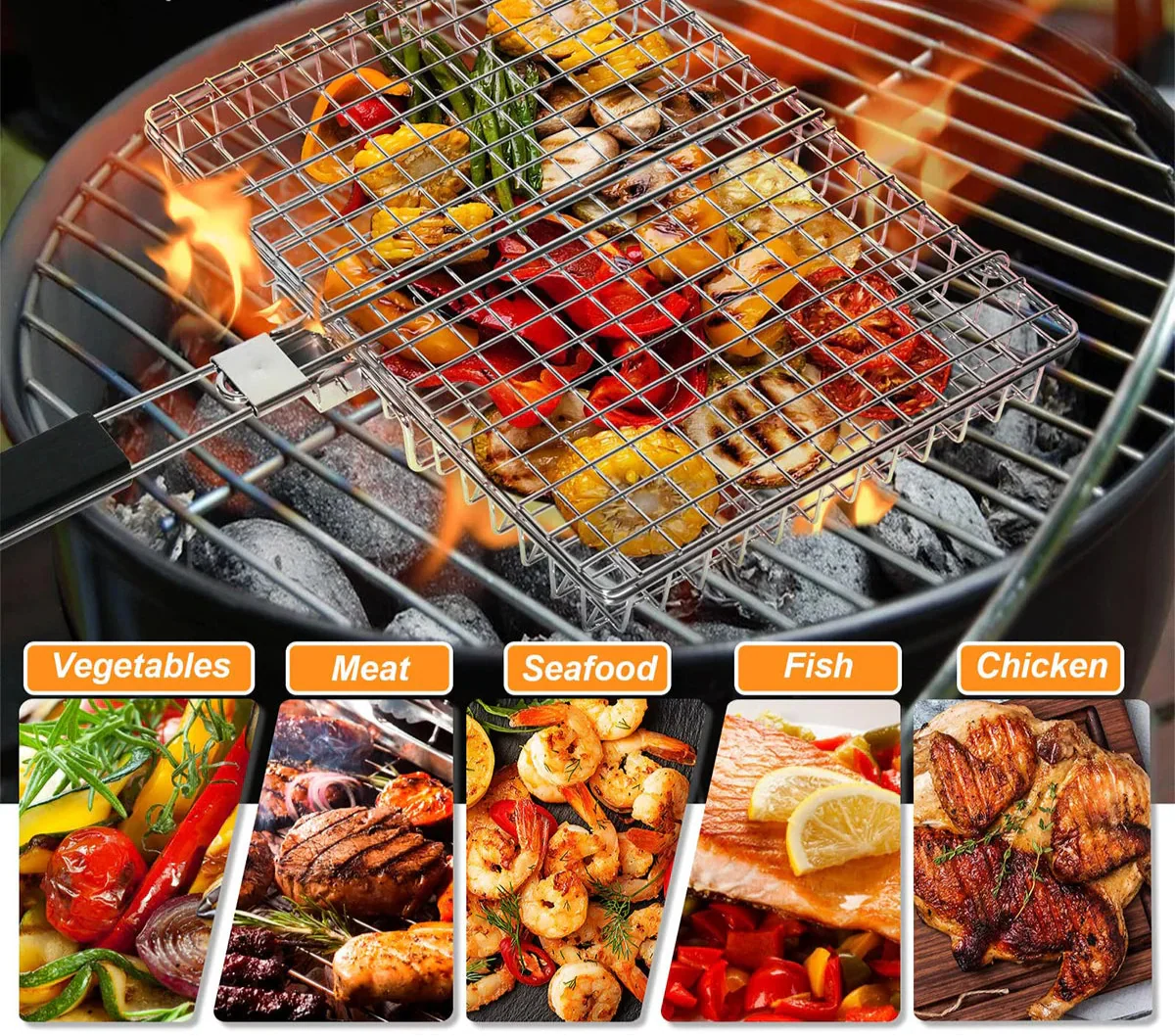 Folding Grill Basket with Wooden Handle Outdoor Camping BBQ Rack