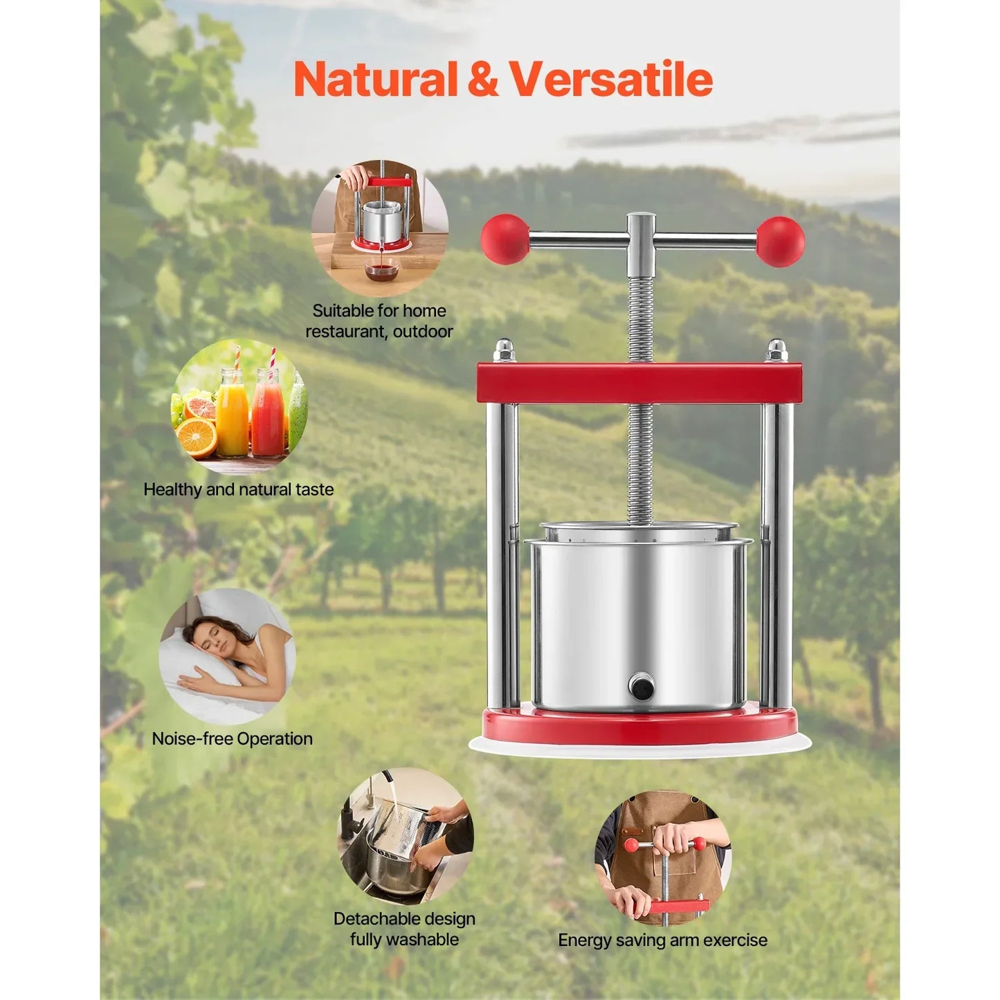 Fruit Press Stainless Steel Barrels Manual Juice Maker with T-Handle