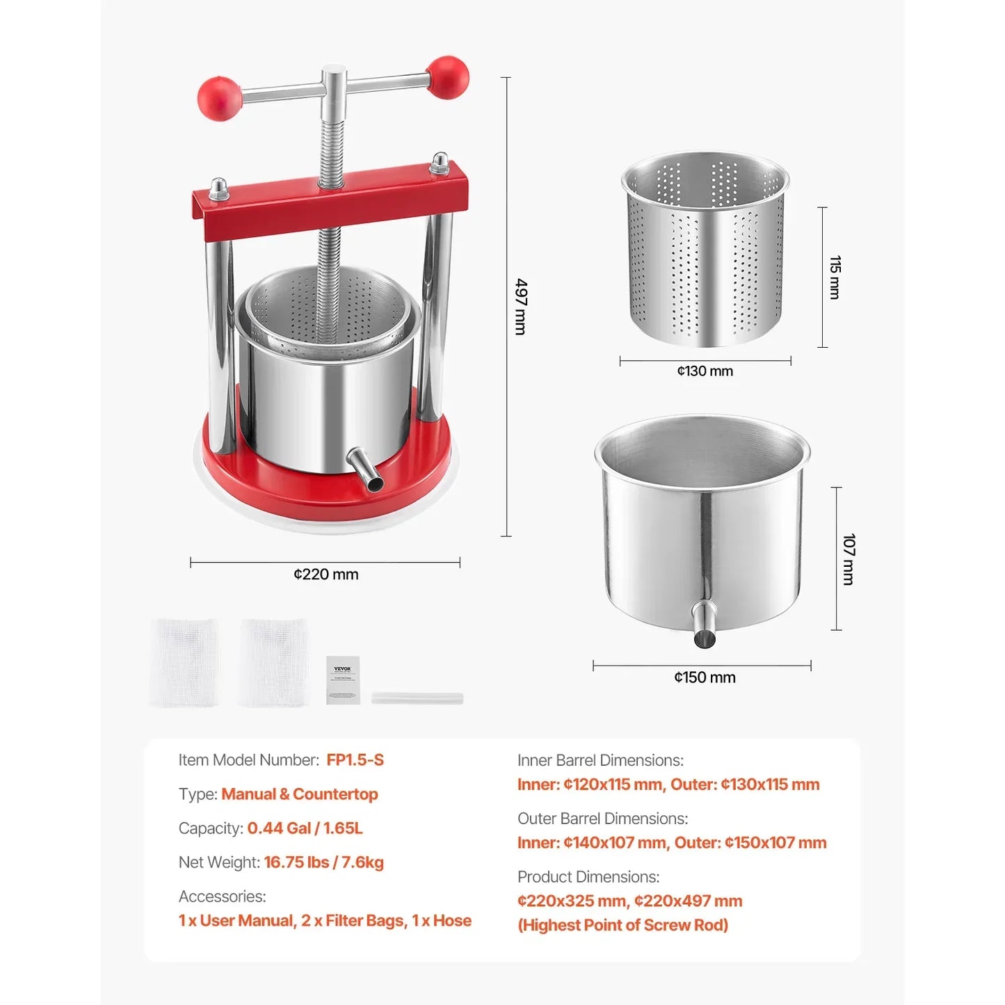 Fruit Press Stainless Steel Barrels Manual Juice Maker with T-Handle