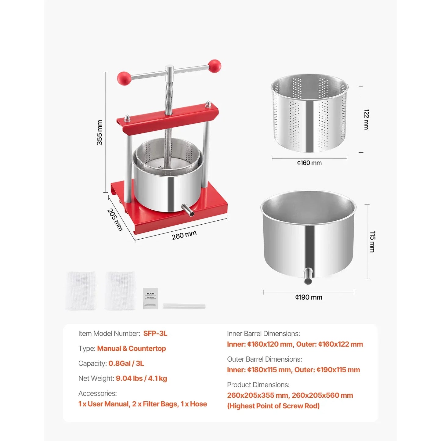 Fruit Press Stainless Steel Barrels Manual Juice Maker with T-Handle